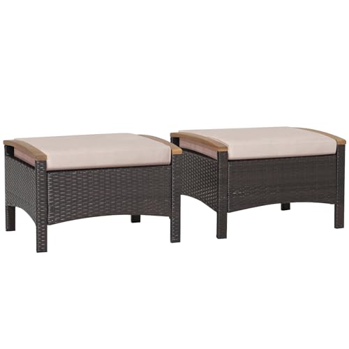 DORTALA 2 Piece Patio Wicker Ottomans, Square Ottoman Foot Rest with Cushions, Outdoor Rattan Footstool for Couch, Chair, Beige