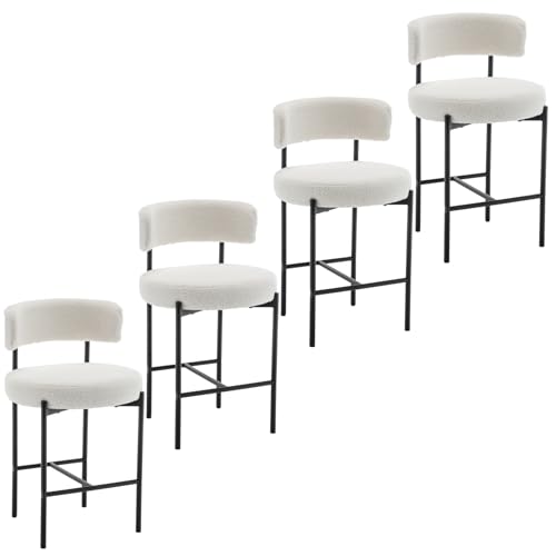 Image of Cinxzar Boucle Bar Stools Set of 4, White Counter Height Bar Stools with Backs, Modern Barstools for Kitchen Island, Pub, Club