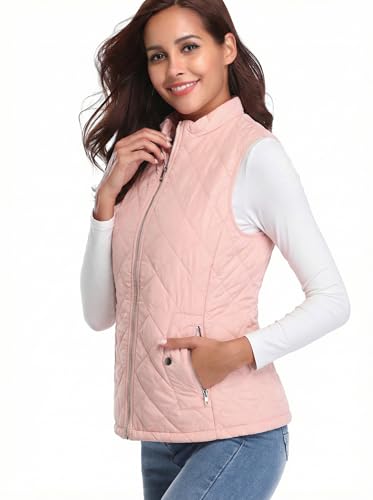 Fuinloth Women's Quilted Vest, Stand Collar Lightweight Zip Padded Gilet Light Pink XS - Thumbnail 2