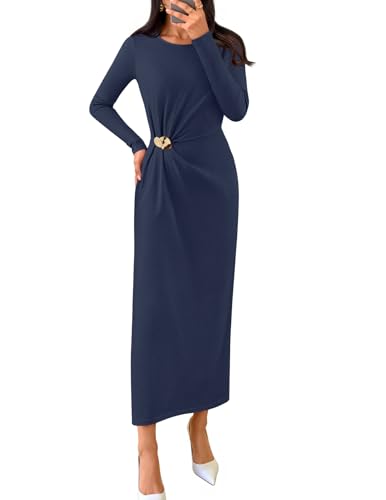 MEROKEETY Women's Fall Long Sleeve Bodycon Dresses Elegant Wedding Guest Cocktail Party Midi Maxi Dress, Navy, Medium