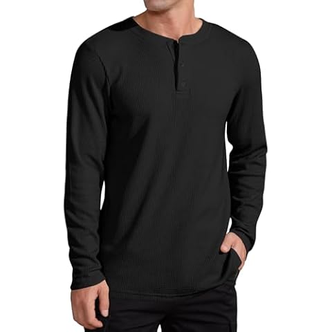 QUALFORT Mens Henley Long/Short Sleeve T-Shirt Cotton Casual Shirt Black XX-Large Cover