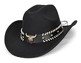 Western-Cowboy-Hat for Women Men Wide Brim Cowgirl Fedora Hats with Bull Head Band Decoration (S-M)