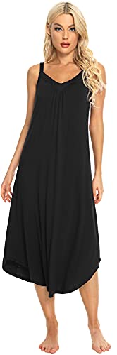 Wiwi Women's Soft Tank Nightgown Sleeveless Sleepshirts Full Slip Chemise Sleepwear Pleated Front Lounge Dresses S-Xxl, Black, Xx-Large #TOP25