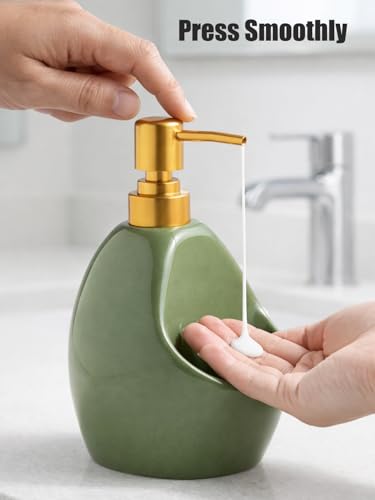 Image of Green Ceramic Soap Dispenser with Sponge Holder - Refillable Kitchen Sink Soap Pump with Sponge Tray - 2-in-1 Sink Organizer for Dish Soap, Farmhouse Countertop Decor