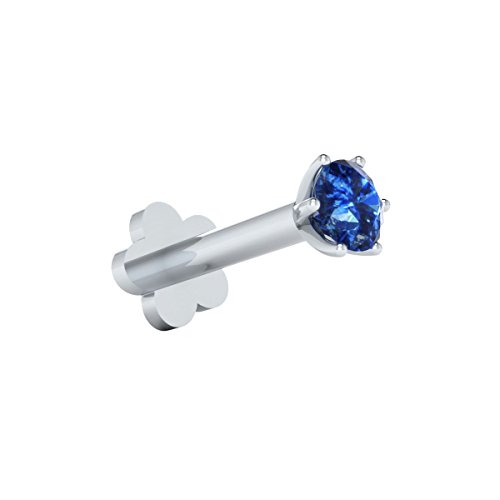 Demira 14K White Gold 2.20 Mm Solitaire Real Blue Sapphire Solid Wedding Nose Lip Labret Monroe Ring Stud Screw 16 Gauge 6 Mm Long Post #TOP6