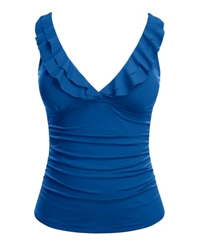 Image of Ruffle V Neck Tankini Top Only Women Tummy Control Swimsuit Tank Top | Removable cups for custom bust lift, Blend soft spandex to stretch easily
