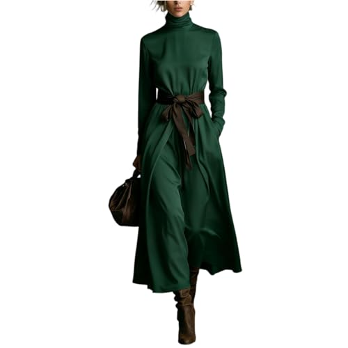 Robe ete femme longue en chiffon col haut et manches longues avec ceinture contrastante