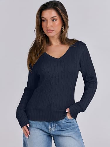 Image of ANRABESS Women's Cable Knit V Neck Fitted Sweaters