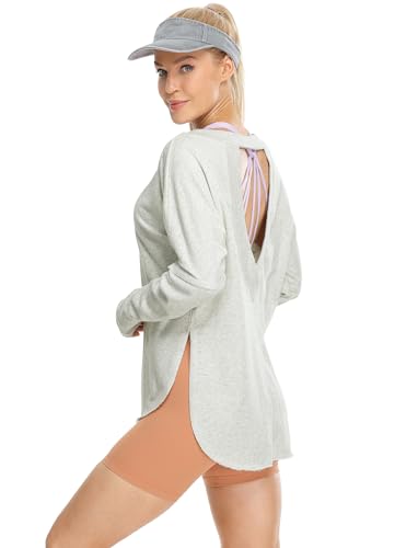 icyzone Blusa feminina atlética de manga comprida com gola redonda e abertura nas costas com furos p