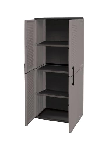 Image of Dmora Clavier Outdoor, Balcony, Multi-Purpose Cabinet with Shelves, 100% Made in Italy, 68 x 37 x 163 cm, Grey and Black, Striped Finish