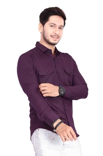 Image of Men's Cotton Spread Collar Full Sleeve Regular Fit Solid Casual Shirt with Double Pockets - Stylish Comfortable Shirt for Everyday Wear