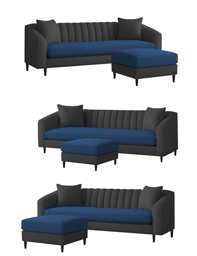 Image of Casaliving Doraldo 4 Seater L Shape Convertible Sofa Set for Living Room, 3 Seater & Ottoman Modular Sectional Couch for Small Space (Black Blue Colour) Fabric