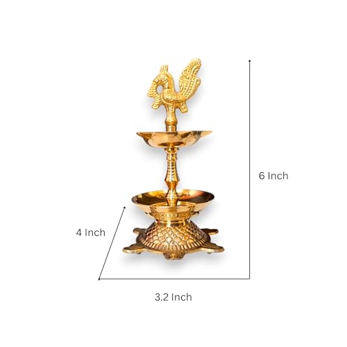 Image of Kerala Brass Peacock Head Tortoise Panchmukhi Diya for Pooja with Flower Holder | Small Size Kachua Kuthu Vilakku, Brass Diya for Pooja and Home, Office & Gifting | 6 Inches, 275 Grams