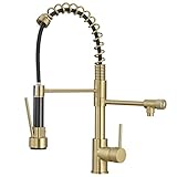 Brushed Gold Kitchen Faucet with Pull Down Sprayer, Single Handle Commercial Brass Kitchen Sink Fauc