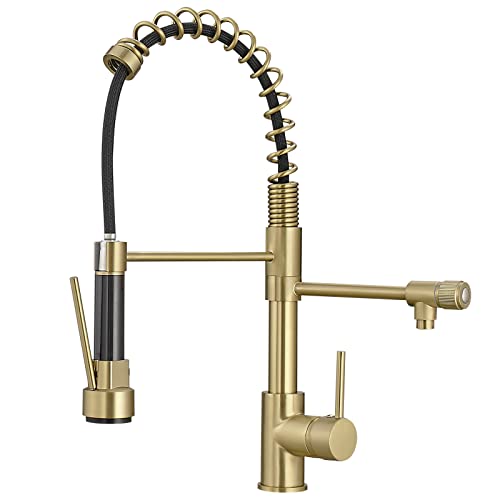 Brushed Gold Kitchen Faucet With Pull Down Sprayer, Single Handle Commercial Brass Kitchen Sink Faucet With 3 Way Drinking Kitchen Faucet, For Water Filtration System Or Pot Filler Faucet In Gold #TOP7