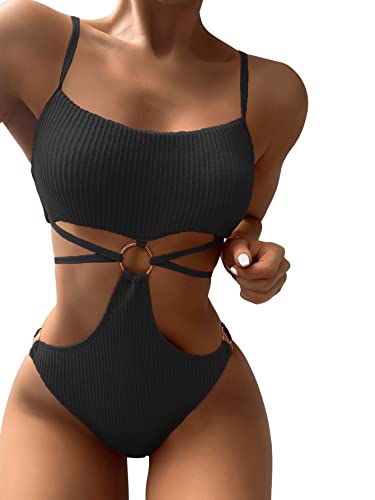 GORGLITTER Damen Badeanzug Cut-Out One Piece Swimwear Bügellos Spaghettiträger Einteilige Bademode mit Ring Schwarz XL