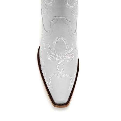 Image of Uillnoodu Women's Turquoise Cowgirl Boots - Wide Calf Mid Calf Western Boots Plus Size Embroidered Cowboy Style with Block Heel