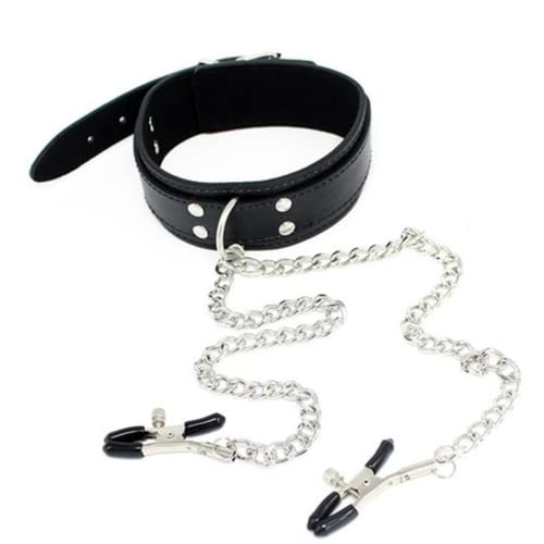 Coleira Com Correntes Harnes e Prendedor Mamilos Couro Preto