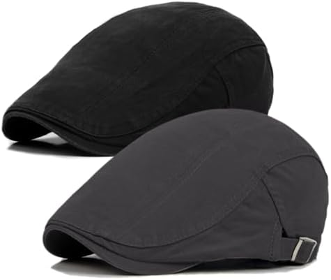 Qossi 2 Pack Newsboy Hats for Men Flat Cap Cotton Adjustable Breathable Irish Cabbie Ivy Driving Hunting Hat