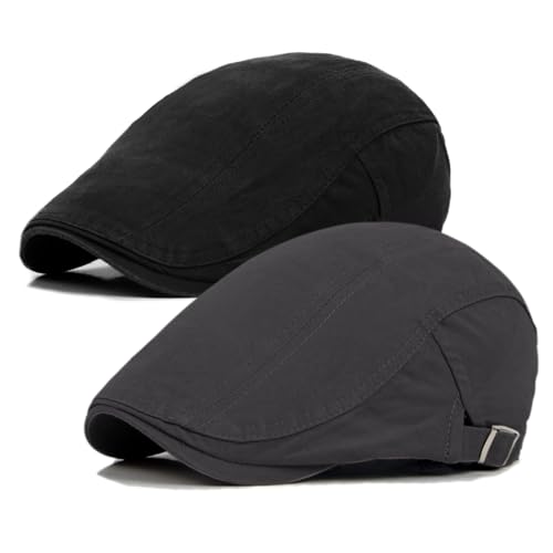 Qossi 2 Pack Newsboy Hats for Men Flat Cap Cotton Adjustable Breathable Irish Cabbie Ivy Driving Hunting Hat