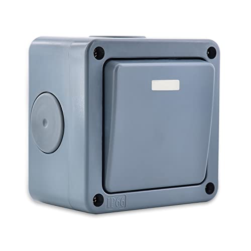 NineLeaf 1PK IP66 Waterproof Outdoor Switch, SPDT 2-Way Single Light, Weatherproof (1Gang 10A Grey), 1 Gang