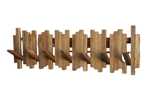 Image of Natural Wood Wall Mounted Piano Coat Rack| Coat Rack Wall Mount| Flip Down Wall Hook Rack 7 Hooks| Entryway Wall Art Hook,Made of Acacia Wood (Wood Wax Oil staining Light Brown).