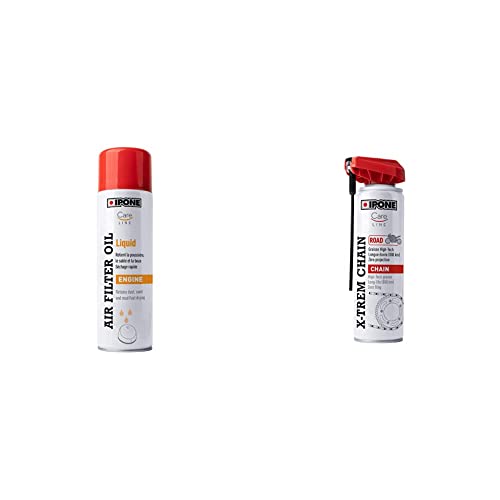 Ipone Huile Liquide Filtres Mousse Moto Air Filter Oil Liquid-500 ML, Bleu & Graisse de Chaîne pour Moto Route X-trem Chain Road – Flacon Aérosol à Diffuseur Multi-positions 250 ml