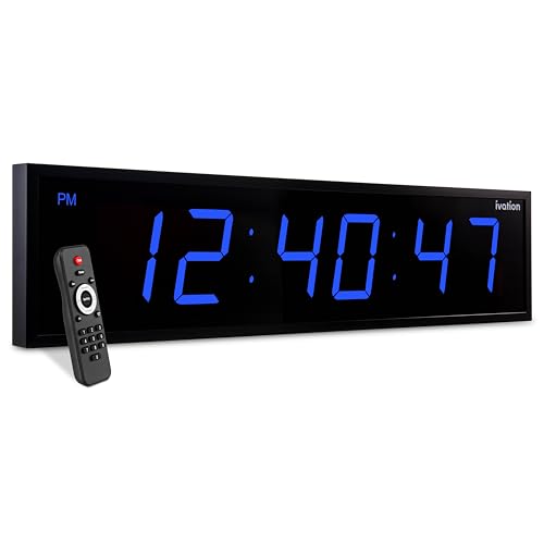 Image of Ivation Oversized Digital Wall Clock with Large LED Display & Timer, 60 inch | Multi-function with Timer, Stopwatch, Alarms, Temp & Date, Aluminum frame, 6 Brightness levels, Time memory, Remote | Blue
