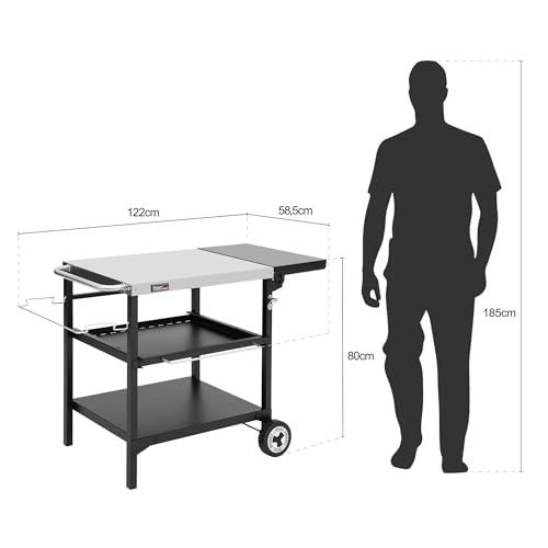 Royal Gourmet Outdoor Grilltisch, 3-Etagen Servierwagen mit 70 x 50 cm Edelstahl Tischplatte und 30 x 50 cm klappbarer Seitenablage, Beistelltisch Grillablagetisch Garten Trolley mit Push-Pull Regal