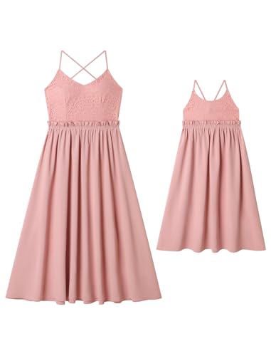 AWIBMK Mommy and Me Dress Lace Boho Mother Daughter Matching Summer Casual Holiday A-line Backless Cross Slip Dresses