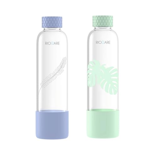 Image of Rioware Purifa Pro Borosilicate Glass Water Bottle With Silicon Sleeve (750Ml) | Airtight Lid | Leak Proof | Silicon Cap | Fridge Water Bottles For Home, Office & Gym -Pack Of 02, Blue&Green