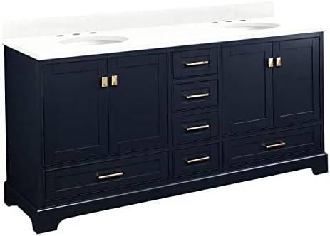 Signature Hardware 483501 Quen 72" Free Standing Double Basin Vanity Set with Cabinet, Vanity Top, and Undermount Sink - 3 Faucet Holes - Midnight Navy Blue/Feathered White Quartz