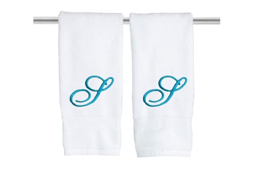 Decorvo White Monogrammed Hand Towels for Bathroom - Luxury Hotel Quality Personalized Initial Embroidered Towel for Powder Room, Spa - GOTS Organic Certified - Pack of 2 Teal, Letter S