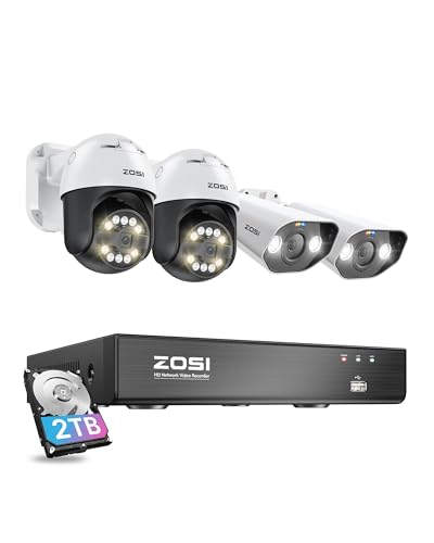 ZOSI 500万画素 poe防犯カメラセット4台 800万画素 poe防犯レコーダー 8ch hdd 2tb内蔵 PTカメラ バレットカメラ poe給電カメラ専用筐体 H.265+ 双方向通話 ai機能 センサー発光 サイレン警報 防犯灯 夜間カラー 動体検知 音声録画 金属製 家庭用 業務用 屋外用 C182xC296 - ゾシ(ZOSI) - 商品画像