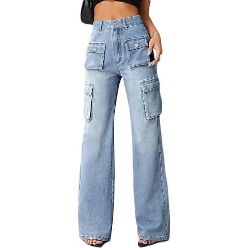 High Rise Cargo Jeans for Women Teen Girl Wide Leg Y2k Boyfriend Jeans Casual Straight Leg Denim Pants with Pocket