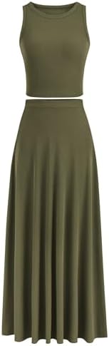 PRETTYGARDEN Women's 2 Piece Maxi Skirt Sets Casual Summer Knit Cropped Tank Top High Waisted Long Skirts Outfit