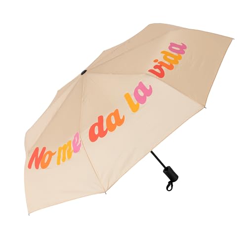 Fisura – Paraguas plegable original “no me da la vida” beige. Paraguas mujer pequeño automático. Tamaño de viaje. Resistente al viento. 96 cm de diámetro abierto.