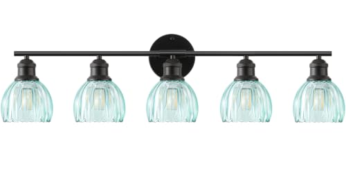 Image of Bathroom Light Fixtures, 5-Light Brushed Black Vanity Lights for Bathroom with Blue Tulip Glass Shade, 30 inch Vintage Bathroom Vanity Lighting Fixtures Over Mirror for Bedroom Living Room Hallway