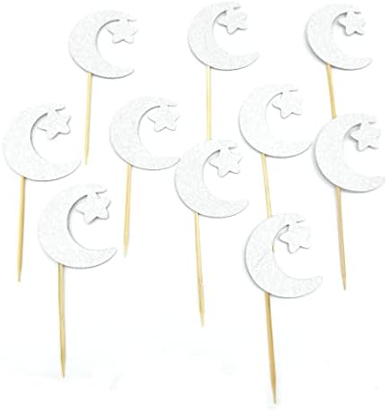 MEDIMQC Moon and Star Cupcake Topper Glitter Eid Mubarak Cupcake Picks for Baby Shower Birthday Wedding Ramadan Kareem Islamic Muslim Party Supplies 24pcs (Silver)