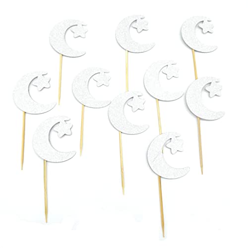 Medimqc Moon And Star Cupcake Topper Glitter Eid Mubarak Cupcake Picks For Baby Shower Birthday Wedding Ramadan Kareem Islamic Muslim Party Supplies 24Pcs (Silver) #TOP22
