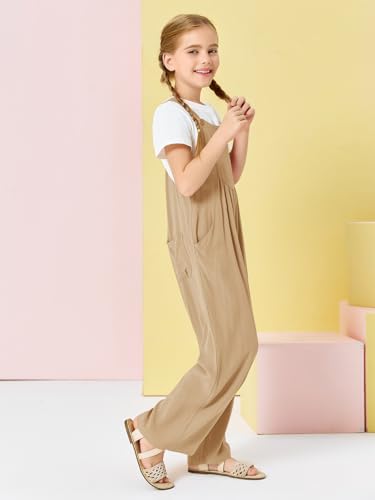 Image of Haloumoning Girls Overalls Kids Casual Sleeveless Wide Leg Jumpsuit Loose Rompers with Pockets 5-14 Years