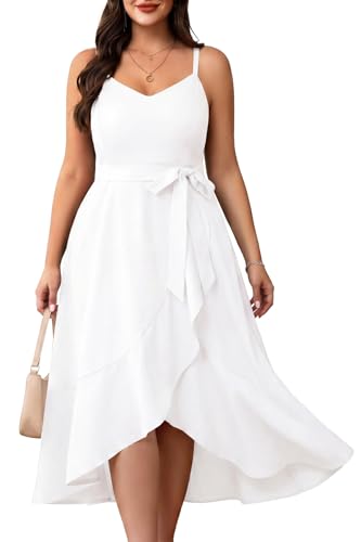 Pinup Fashion Plus Size White Dress Curvy Women Graduation Bridal Shower Elegant Cocktail Party Spaghetti Strap High Low Midi Dresses