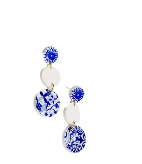 Elegant Handmade Moroccan TileMiddle Eastern Style Blue and White Dangle Polymer Clay Earrings