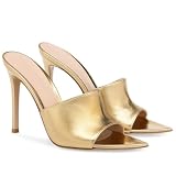 Mules Sexys de Punta Abierta para Mujer, Sandalias de Verano de Tacón Alto Sin Cordones, Zapatos de Tacón de Aguja para Vestidos de Gala con Espalda Descubierta,Oro,34 EU
