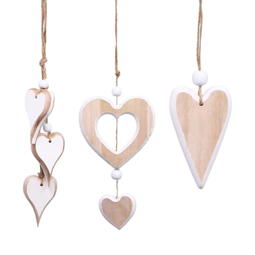 3er Set Holz Dekoherzen zum Aufhängen - Rustikale Herzförmige Fensterdeko aus Holz für Hochzeiten, Partys, Zuhause & Wanddekoration - Natürliche Hängende Holzherzen