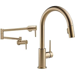 Delta Faucet Contemporary Wall-Mount Pot Filler Faucet, Champagne Bronze 1165LF-CZ & Trinsic Single-Handle Kitchen Sink Faucet with Pull Down Sprayer and Magnetic Docking Spray Head