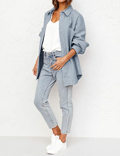 Merokeety Womens Oversized Button Lapel Flannel Shacket Coats Wool Blend Jackets With Pockets, Grayblue, M #TOP1