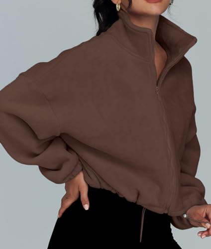 EUDOLAH Damen Reißverschluss Sweatshirt Langarm Fleece Schüttelvlies Pulli Outwear Jacken Herbst Winter Sweatjacke mit Kordelzug Kaffee M