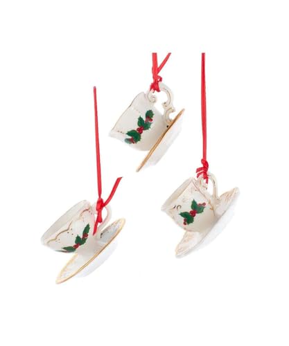 Christmas Ornament Set of 3 Porcelain Holiday Formal Holly Tea Cup Xmas Ornaments J7789 Festive Accent Decorations for Trees Garlands Wreaths Table Centerpieces Elegant Holiday Decor