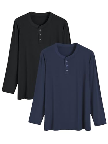 Latuza Men's Long Sleeve Pajama Shirt 2 Pack Henley Neck Sleep Tops L Black Navy